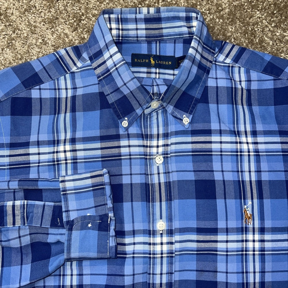 Polo Ralph Lauren Men's Blue Plaid Long Sleeve Button-Up Shirt Large 100% Cotton